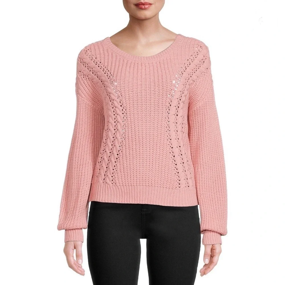 No Boundaries Juniors Caged Back Open Knit Sweater in Dusty Rose Pink Small